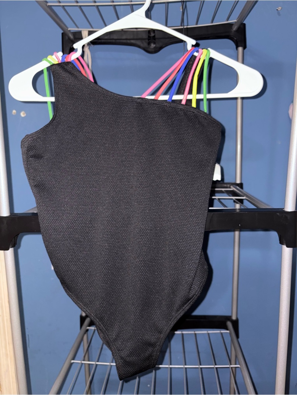 Juicy Couture Black One-Shoulder Swimsuit with Neon Multi-Strap Shoulders